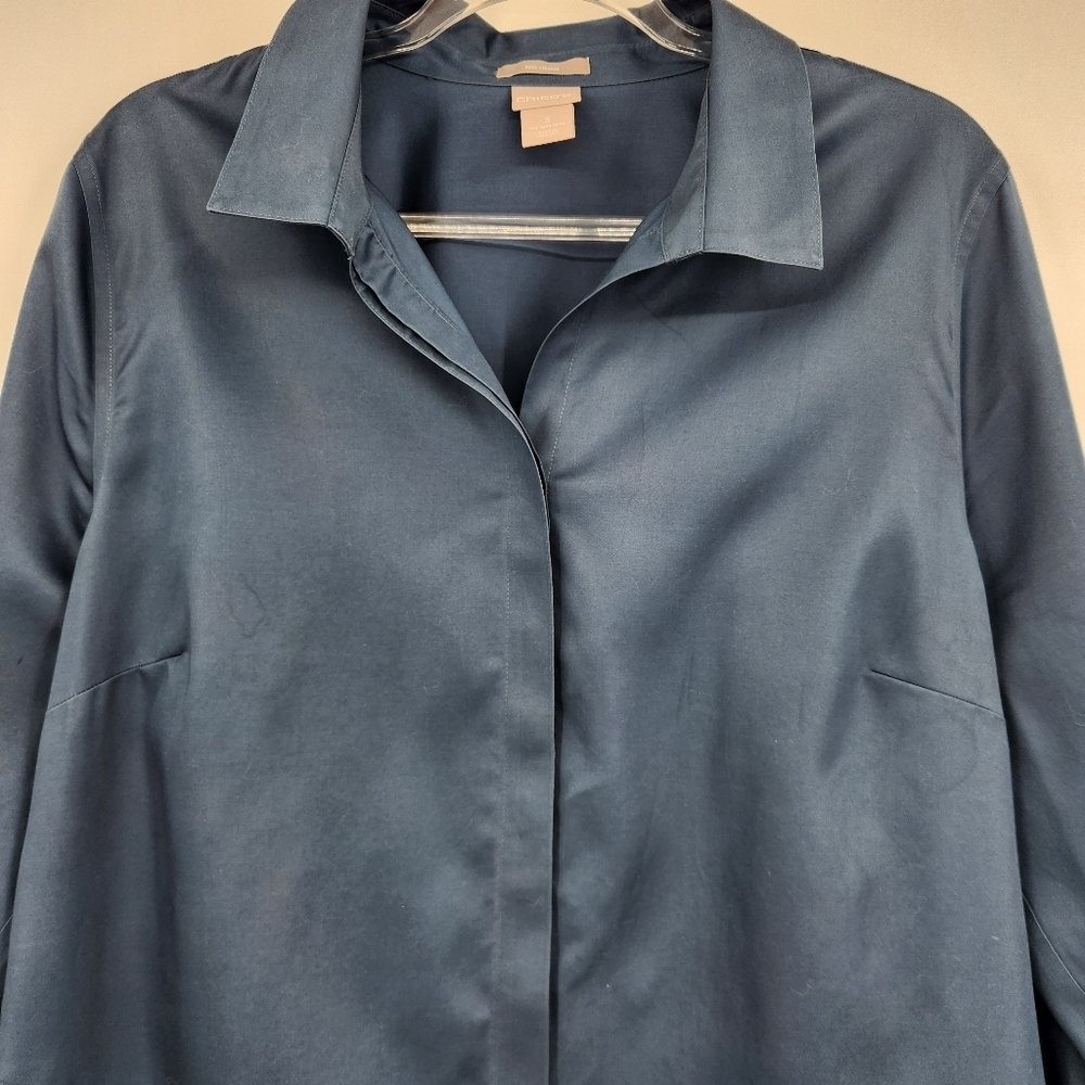 Chicos 3 Long Sleeve Button Front Shirt Womens Size XL Tunic Blue Sateen - Picture 2 of 8